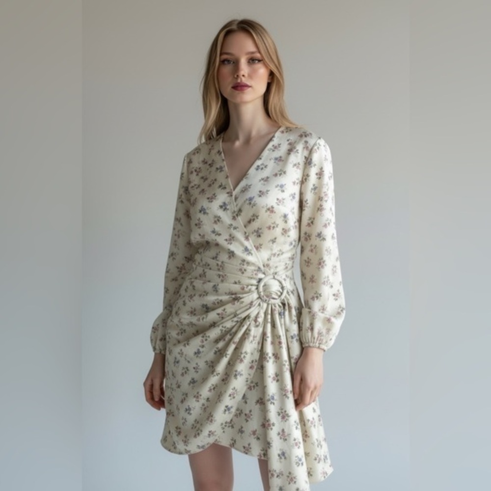 Wayf Cream Floral Long Sleeve Satin Dress